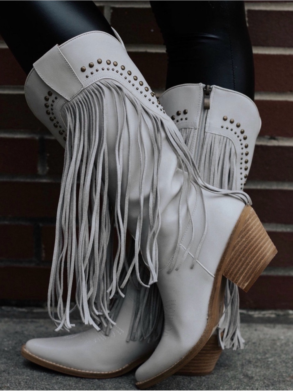 BEAST FASHION Fringe Studded Western Boots in Light Gray